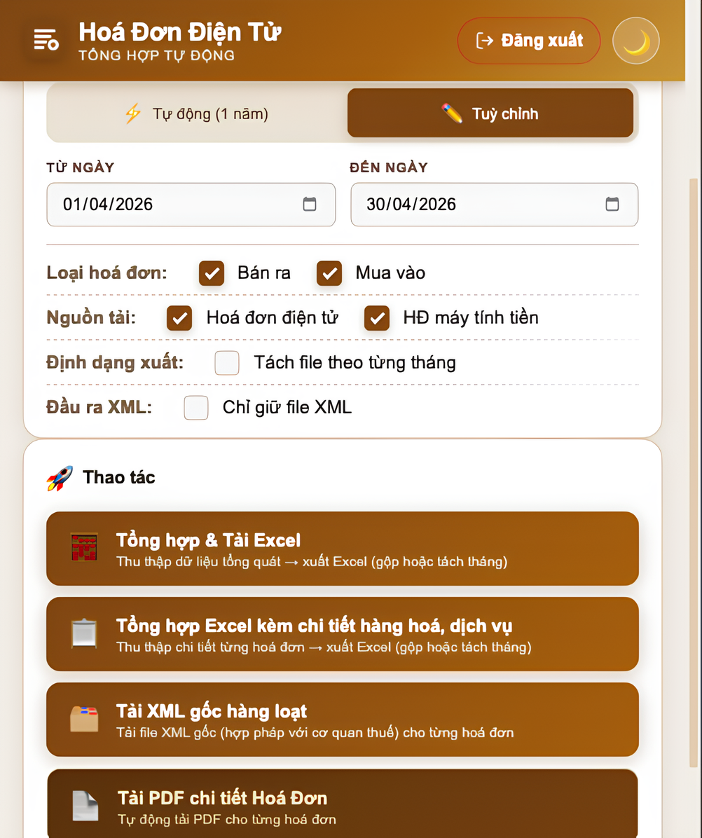 Giao diện extension Tổng Hợp Hoá Đơn Điện Tử